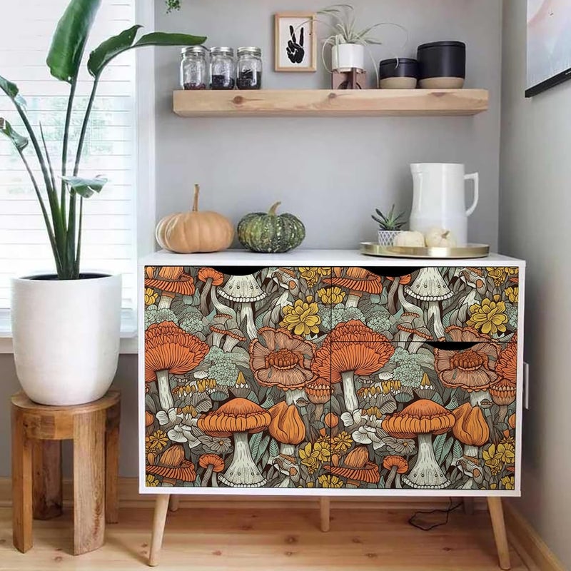 MuralPeel Boho Orange Mushroom Forest Yellow Flowers Peel and Stick Wallpaper Self Adhesive Removable Easy Peel Off Stick on Wall Paper for Bedroom Cabinet Renter Friendly - Image 5