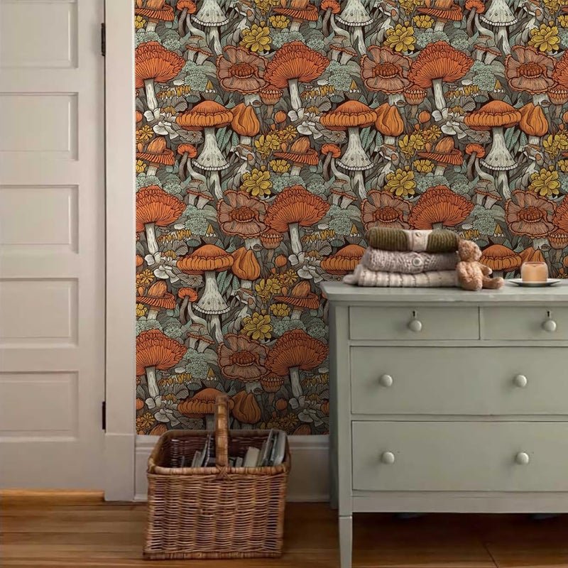 MuralPeel Boho Orange Mushroom Forest Yellow Flowers Peel and Stick Wallpaper Self Adhesive Removable Easy Peel Off Stick on Wall Paper for Bedroom Cabinet Renter Friendly - Image 3