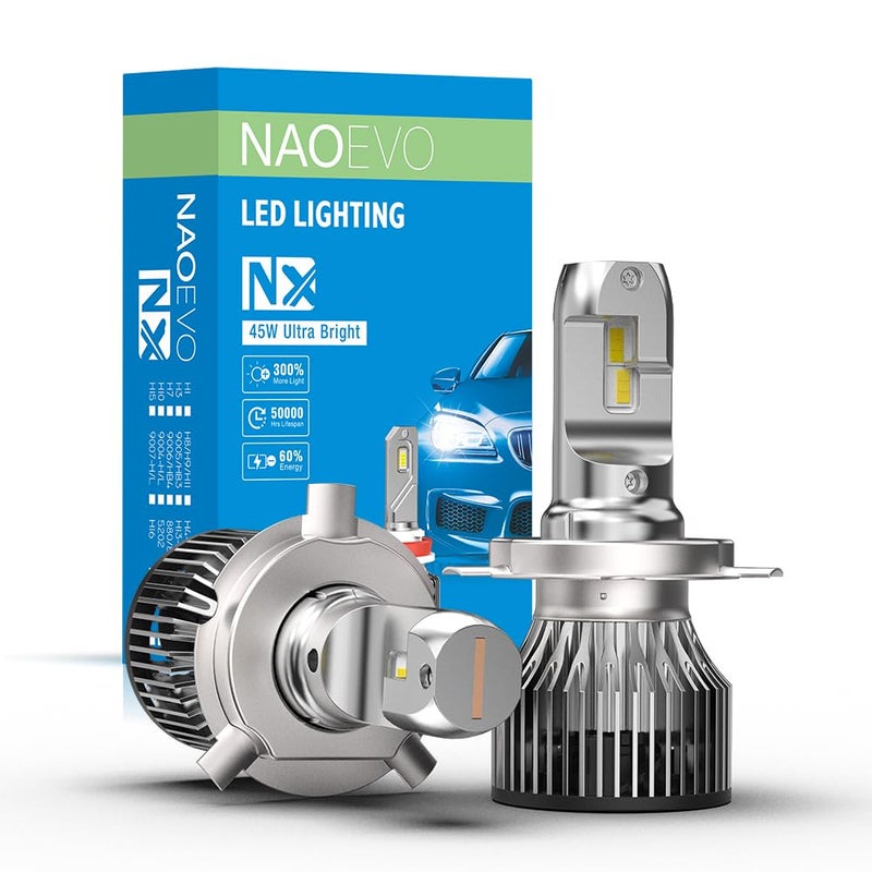NAOEVO NX Series LED Headlight Bulbs 90 Watt /10,000 Lumens per set, Set of 2 Bulbs (45+45 Watts) (H4)