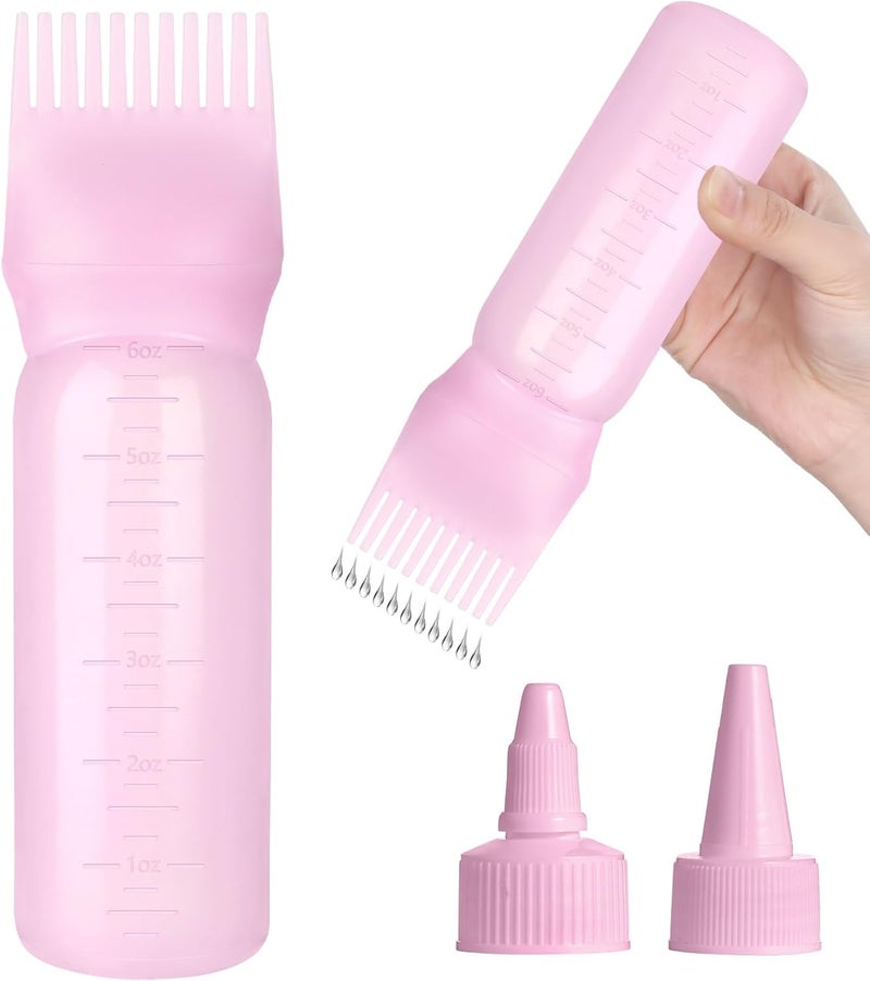 FXSPLCZ Root Comb Applicator Bottle Oil Applicator for Hair Dye Hair Oiling Bottle with 2 Type Caps and Graduated Scale, 6 Ounce (Pink) - Image 1