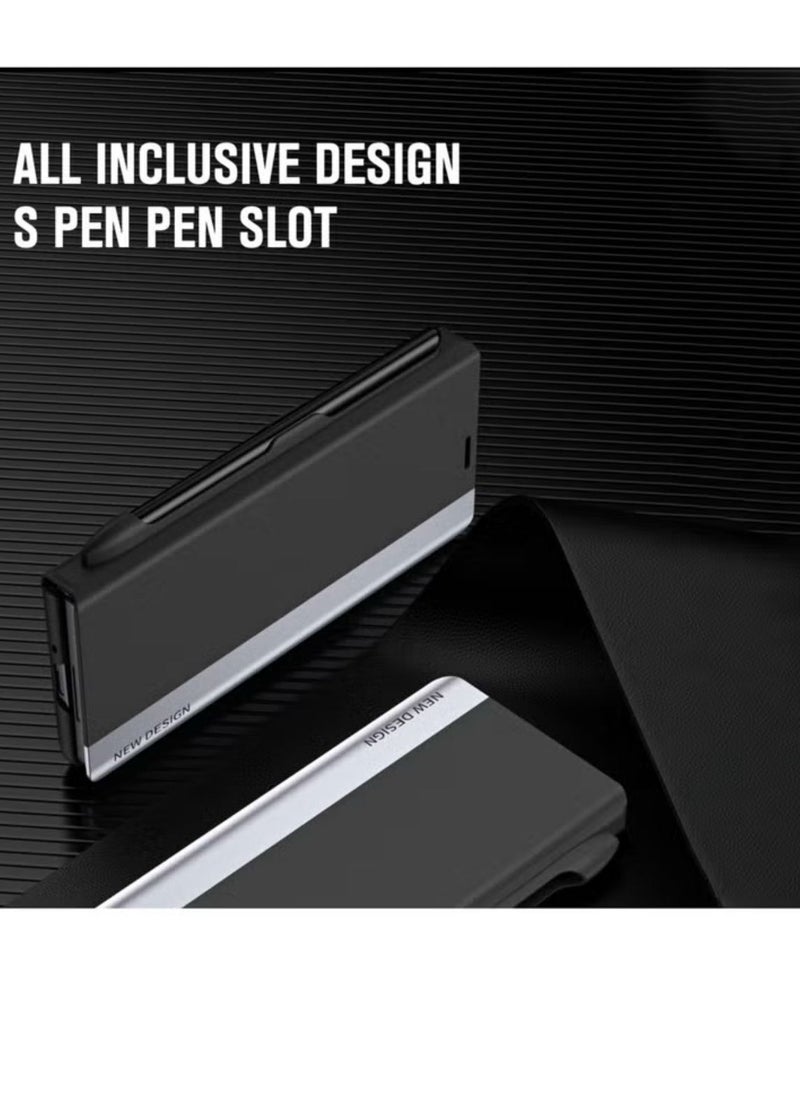 Generic Case for Samsung Galaxy Z Fold 3 with Stand Design and Pen Holder and Pen (Not Original Pen), Full Body Protection Flip Cover PU Leather, Genuine Leather Magnetic Anti-drop Protective Case (Black)  - Image 2