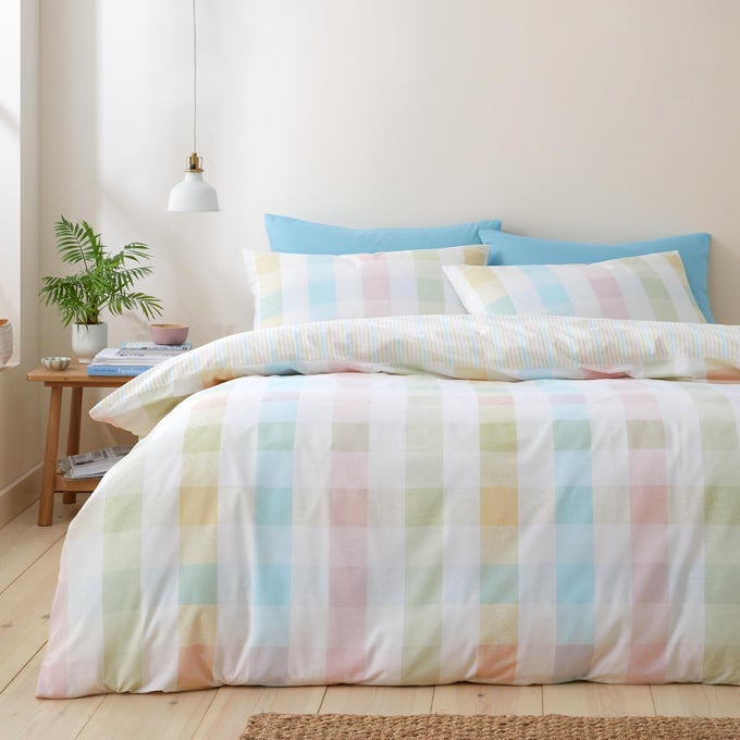 SPRING CHECK REVERSIBLE SINGLE DUVET COVER SET WITH PILLOWCASE PASTEL
