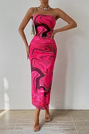 2024 Europe and the United States foreign trade cross-border womens clothing Amazon shein tube chest hem split sleeveless printed dress Fuchsia - Image 3