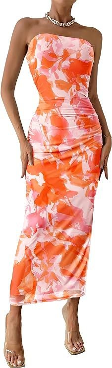 2024 Europe and the United States foreign trade cross-border womens clothing Amazon shein tube chest hem split sleeveless printed dress Fuchsia - Image 2
