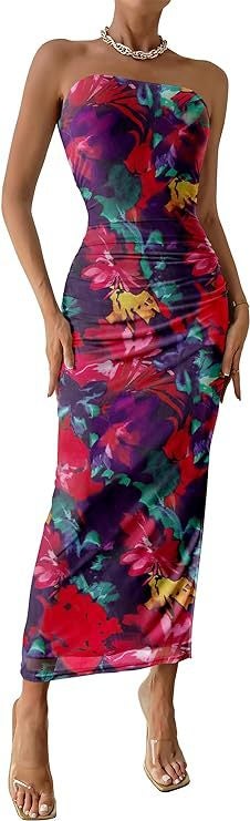 2024 Europe and the United States foreign trade cross-border womens clothing Amazon shein tube chest hem split sleeveless printed dress Fuchsia - Image 1