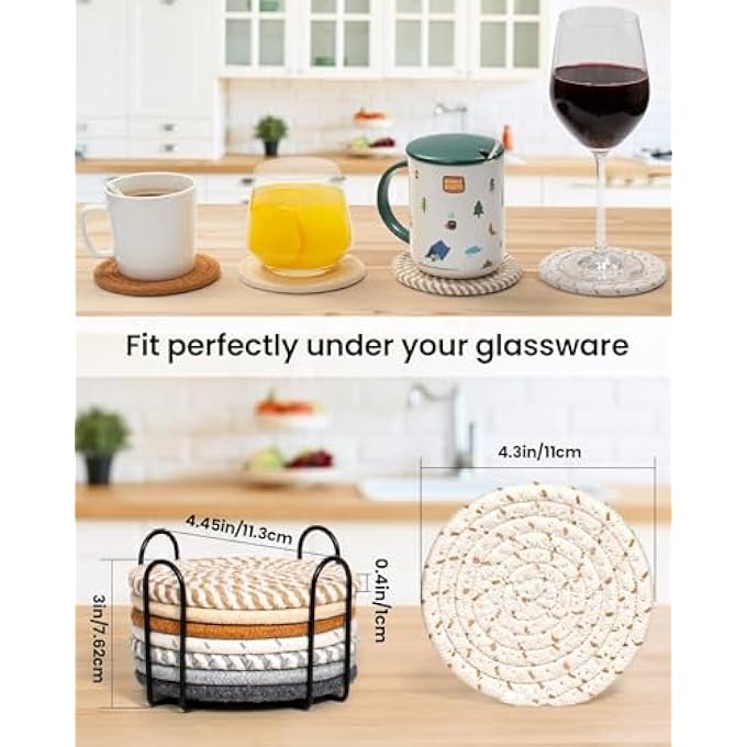 تخيل 8 قطع من قواعد الأكواب القطنية، 8 ألوان، قواعد أكواب ماصة بتصميم بوهو مع حامل، قواعد أكواب منسوجة 43 بوصة، مجموعة قواعد أكواب لتزيين الغرفة، هدية الانتقال إلى منزل جديد، خلط الألوان - Image 3