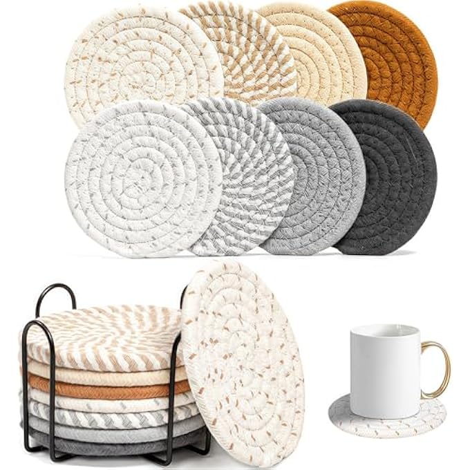 تخيل 8 قطع من قواعد الأكواب القطنية، 8 ألوان، قواعد أكواب ماصة بتصميم بوهو مع حامل، قواعد أكواب منسوجة 43 بوصة، مجموعة قواعد أكواب لتزيين الغرفة، هدية الانتقال إلى منزل جديد، خلط الألوان - Image 1