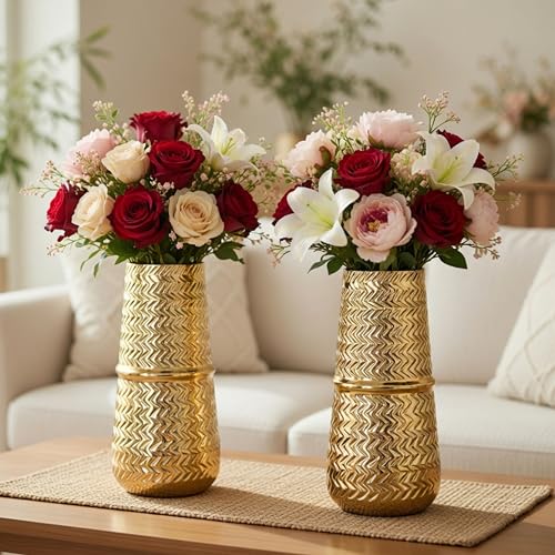 BEHOMA Arrow Engrave Metal Cylindrical Vase for Home Décor, Bedroom, Living Room, Office | Table Decorative Item for Festivals, Birthday, Wedding Decoration | 9.2" Golden, 2 Pcs (Flower not Included) - Image 1