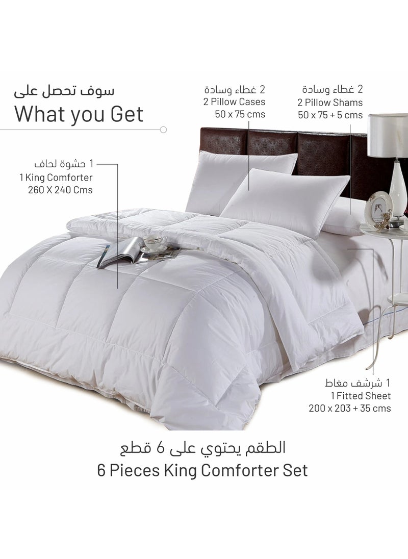 Donetella - Hotel Comforter 6 Pcs King Size Bed Fits (200 x 200 Cm) All Season Microfiber Plain Squares Box Quilting With Down Alternative Filling, White - Image 1
