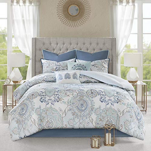madison park Madison Park Reversible Cotton Comforter Season Set Matching Bed Skirt Decorative Pillows King104x92 Isla Floral Medallion Blue 8 Piece 