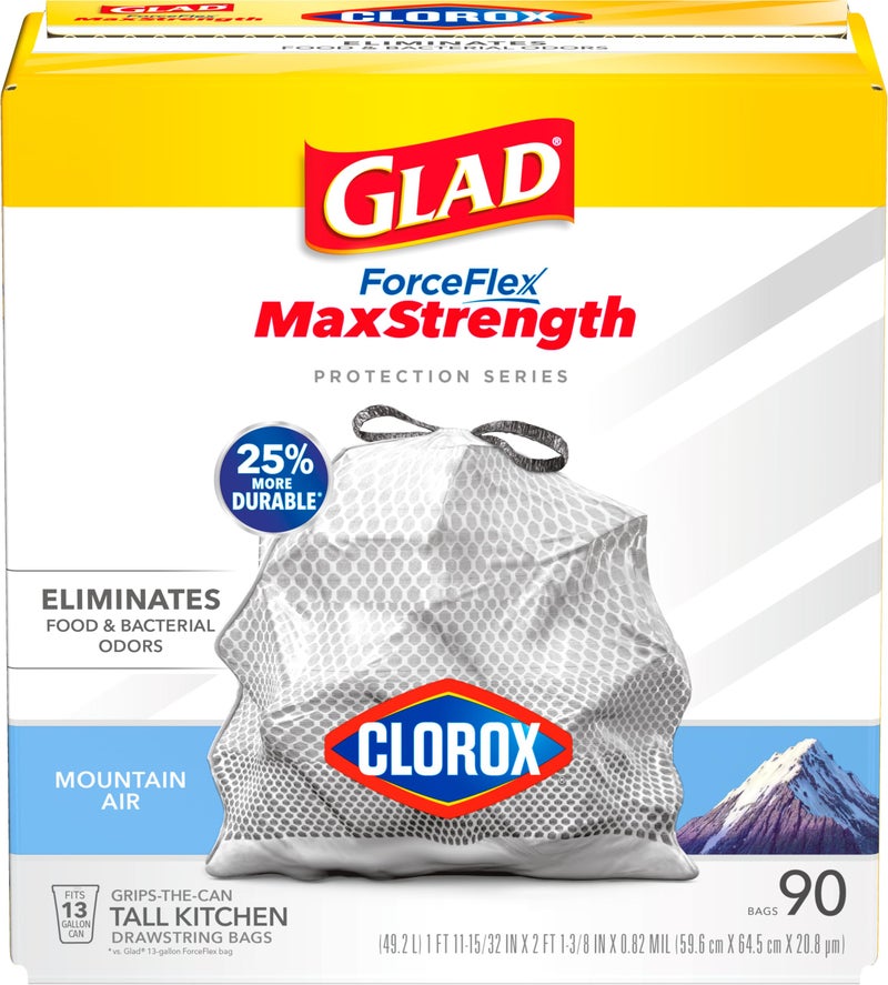 Glad Tall Kitchen Trash Bags 13 Gallon, MaxStrength Mountain Air Garbage Bags, Drawstring, 90 Count - Image 1