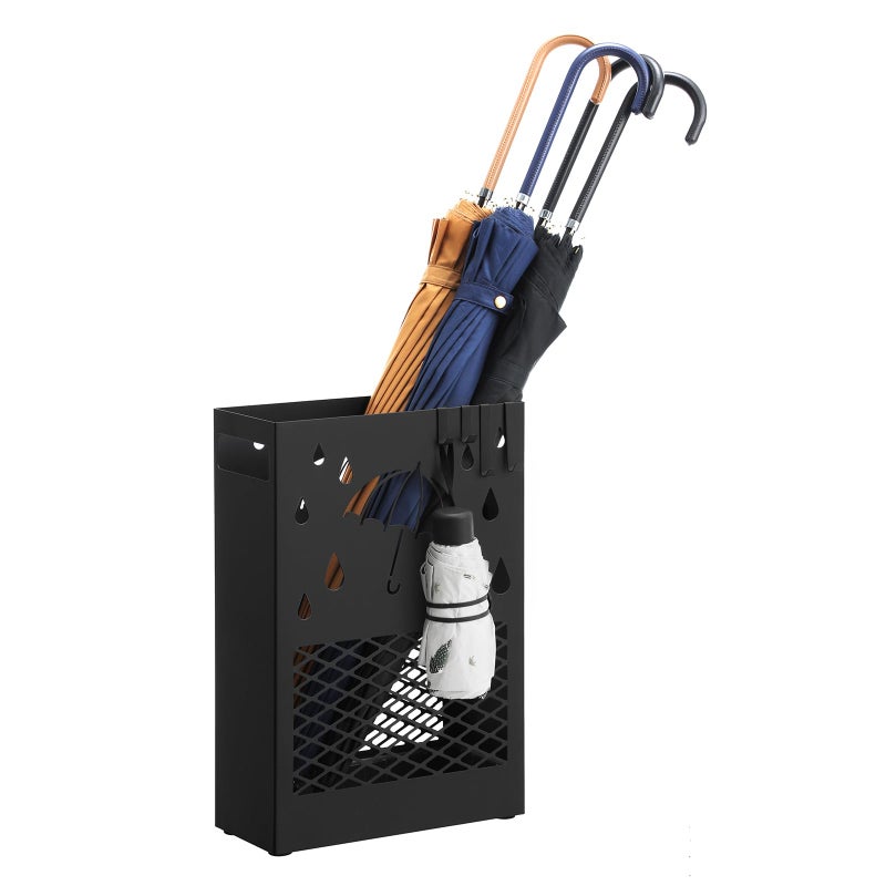 SONGMICS Metal Umbrella Stand Rectangular Umbrella Holder Rack with a Removable Drip Tray 4 Hooks Cutout Design for Entryway Office Black ULUC004B01