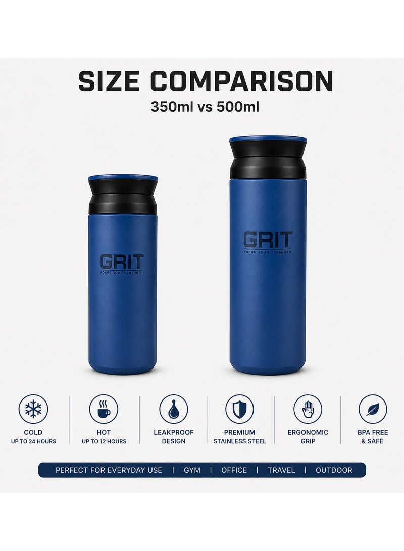GRIT Insulated Flask Bottle 350ml - Hot & Cold Stainless Steel Flask - Modern Compact Design, Comfortable Grip & Leakproof Lid - Blue Stainless Steel Flask - Image 5