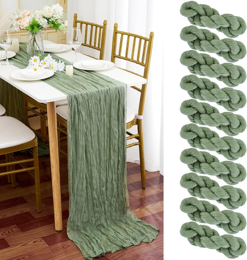 YMHPRIDE 10 Pieces Sage Green Table Runner 90 cm x 300 cm Green Gauze Boho Table Runner for Wedding Bachelorette Baby Shower Birthday Party Decorations - Image 1
