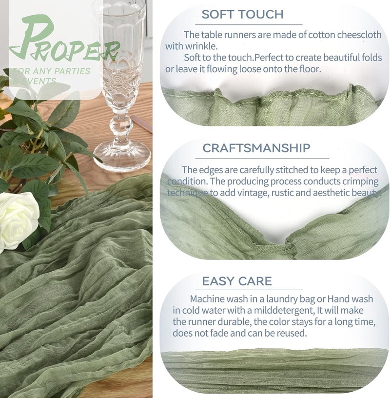 YMHPRIDE 10 Pieces Sage Green Table Runner 90 cm x 300 cm Green Gauze Boho Table Runner for Wedding Bachelorette Baby Shower Birthday Party Decorations - Image 2