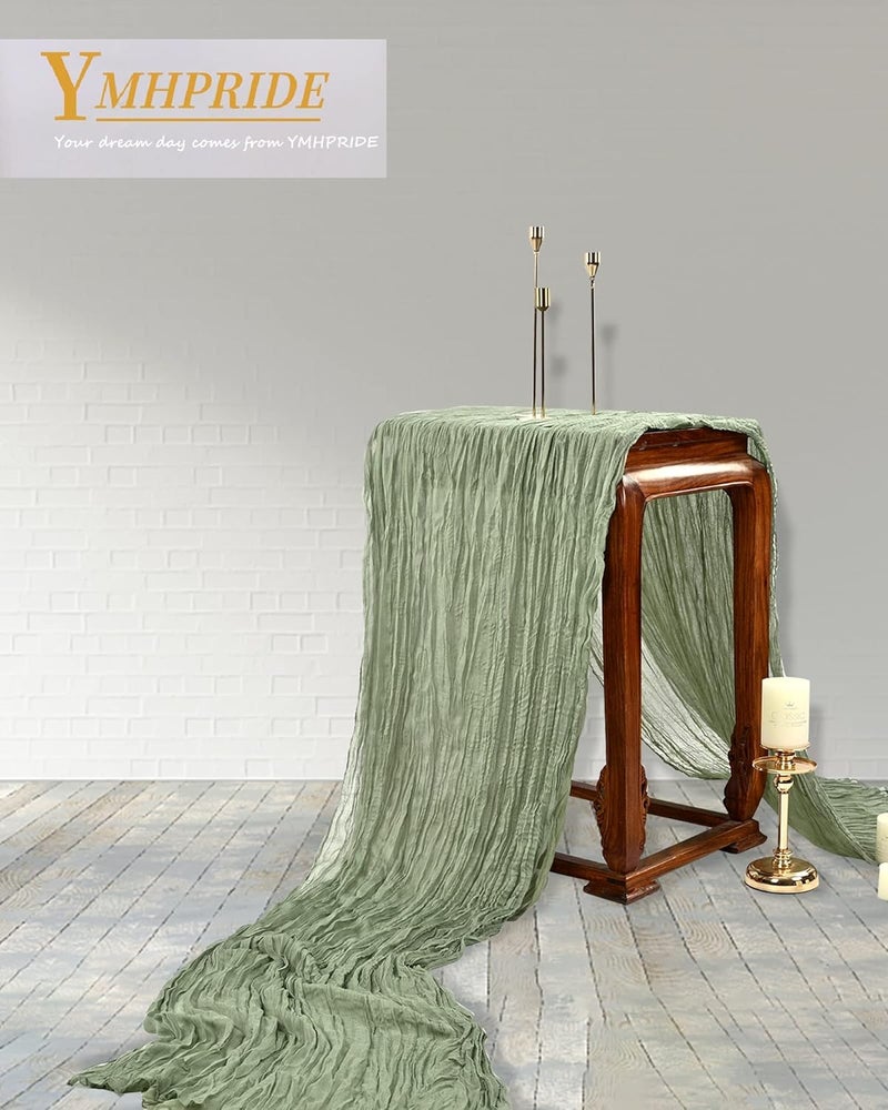 YMHPRIDE 10 Pieces Sage Green Table Runner 90 cm x 300 cm Green Gauze Boho Table Runner for Wedding Bachelorette Baby Shower Birthday Party Decorations - Image 4