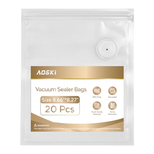 AOSKI Reusable Vacuum Sealer Bags for Food: 20Pcs (8.66 * 8.27in) BPA-Free Vacuum Seal Bags with Air Valve & 5 Seal Clips, Plastic Food Storage Bags, Microwaveable Zipper Bags for Kitchen Save Meal Prep - Image 1