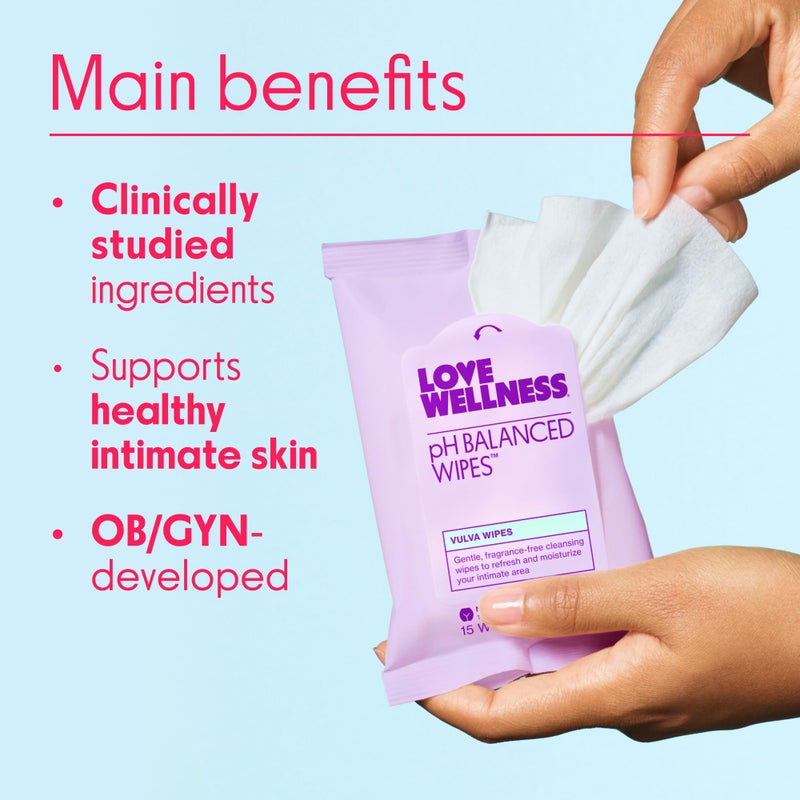 Love Wellness pH Balancing Wipes for Women | Fragrance-Free | Vulva Cleanser for Balanced pH, Intimate Health & Hygiene | Non-Irritating with Aloe Vera for Sensitive Skin | Travel Size | 3-Pack - Image 3