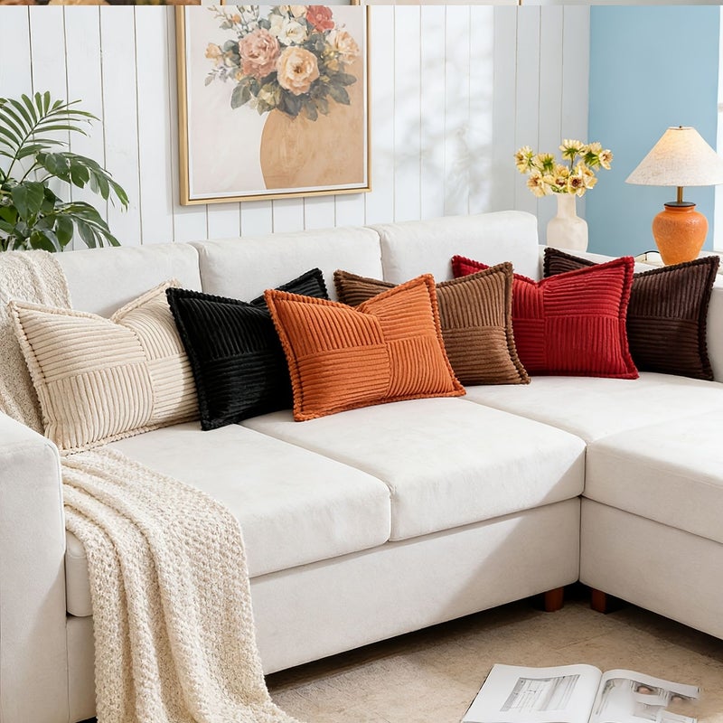2pcs Rectangular Spliced Striped Corduroy Decorative Pillow Deep Wine Red 30x60cm Including Pillow Core Ultra Soft Bohemian Texture Cushion For Sofa Bed Living Room Car Office Bedroom Bay Window - Image 2