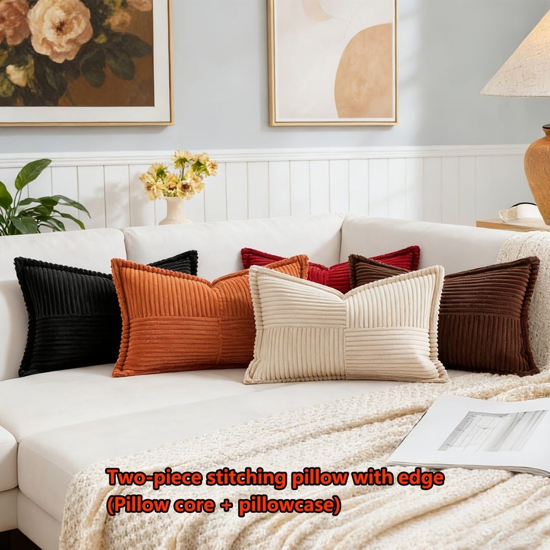 2pcs Rectangular Spliced Striped Corduroy Decorative Pillow Deep Wine Red 30x60cm Including Pillow Core Ultra Soft Bohemian Texture Cushion For Sofa Bed Living Room Car Office Bedroom Bay Window - Image 1