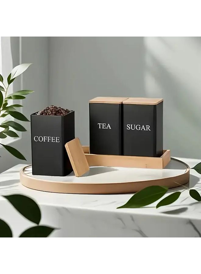 3 Pcs Black Short Tea Coffee Sugar Three Combination Set Storage Boxes Can Store Tea Fruit Tea Candy Etc Kitchen Storage Set With Bamboo Lid Metal Container Pantry Essentials Food Organization Sleek Kitchenware Durable Sturdy Construction - Image 5