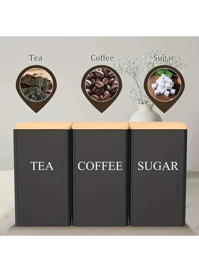 3 Pcs Black Short Tea Coffee Sugar Three Combination Set Storage Boxes Can Store Tea Fruit Tea Candy Etc Kitchen Storage Set With Bamboo Lid Metal Container Pantry Essentials Food Organization Sleek Kitchenware Durable Sturdy Construction - Image 2