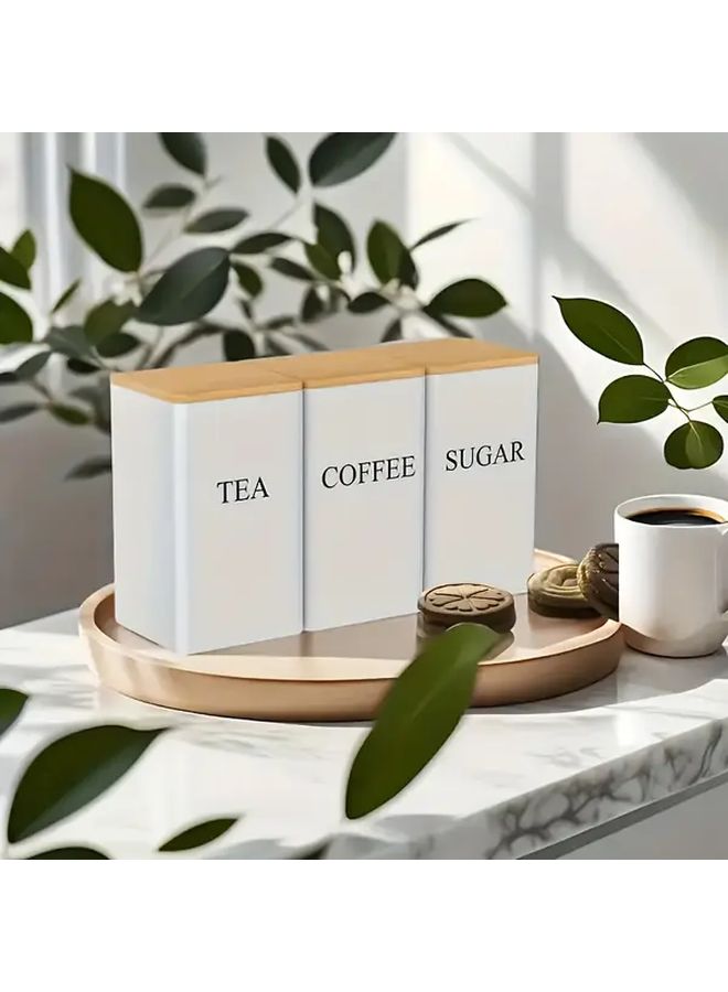 3 Pcs Black Short Tea Coffee Sugar Three Combination Set Storage Boxes Can Store Tea Fruit Tea Candy Etc Kitchen Storage Set With Bamboo Lid Metal Container Pantry Essentials Food Organization Sleek Kitchenware Durable Sturdy Construction - Image 1