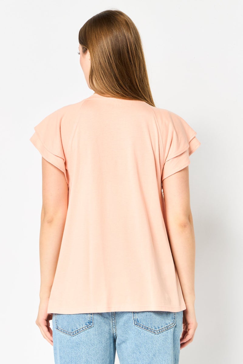GAP Women Round Neck Flounce Sleeve Plain T-Shirt, Peach - Image 3