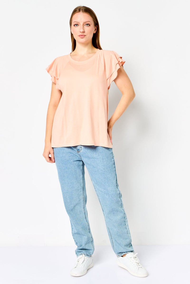 GAP Women Round Neck Flounce Sleeve Plain T-Shirt, Peach - Image 4