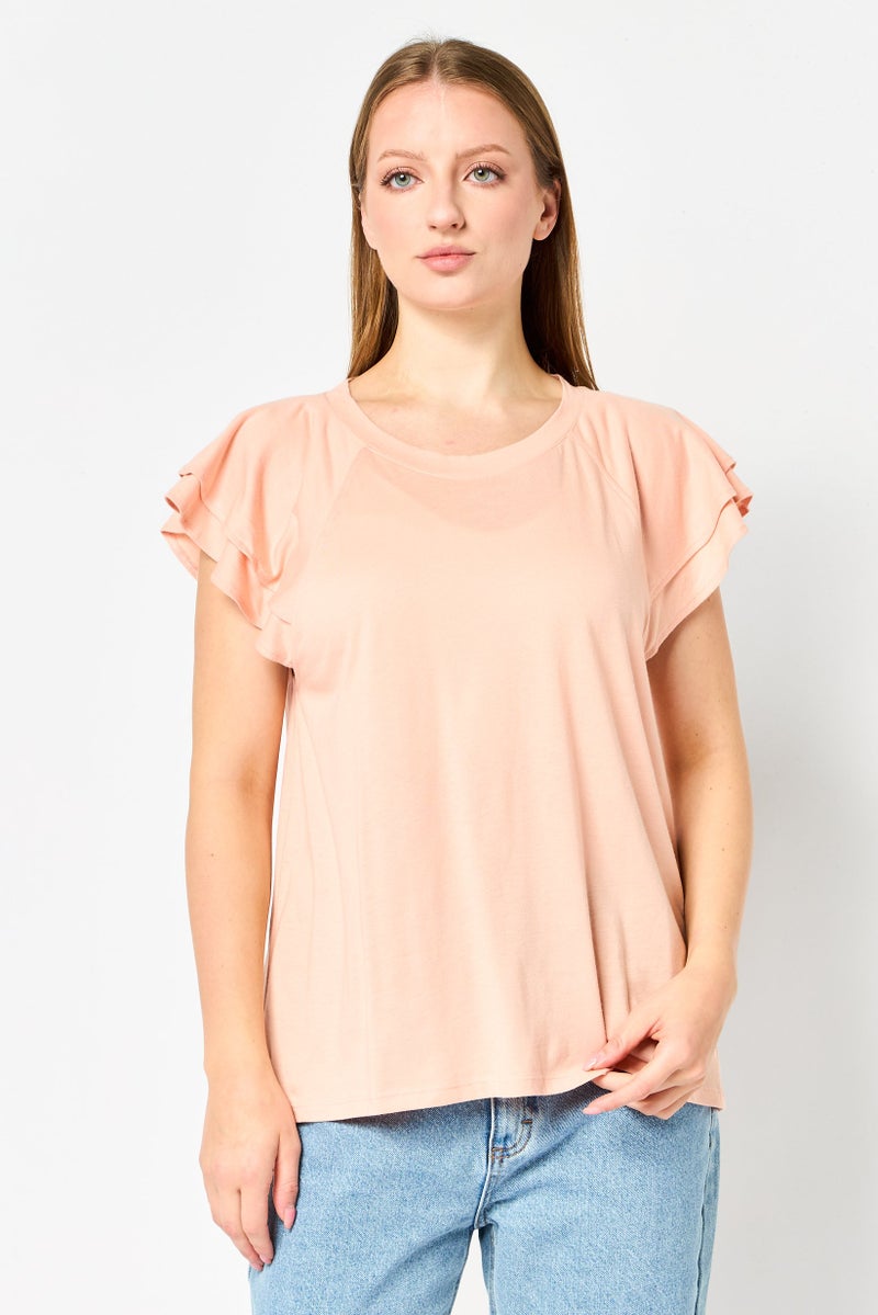 GAP Women Round Neck Flounce Sleeve Plain T-Shirt, Peach - Image 1