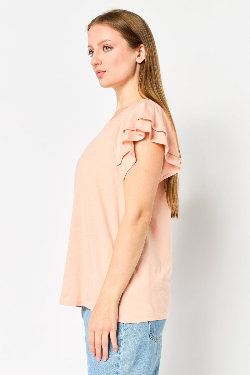 GAP Women Round Neck Flounce Sleeve Plain T-Shirt, Peach - Image 2