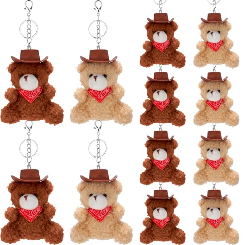 Nosiny 12 Pcs Plush Cowboy Bear Keychain Western Cowboy Party Favors Keychain with Hats and Mini Bandana for Birthday Party - Image 1