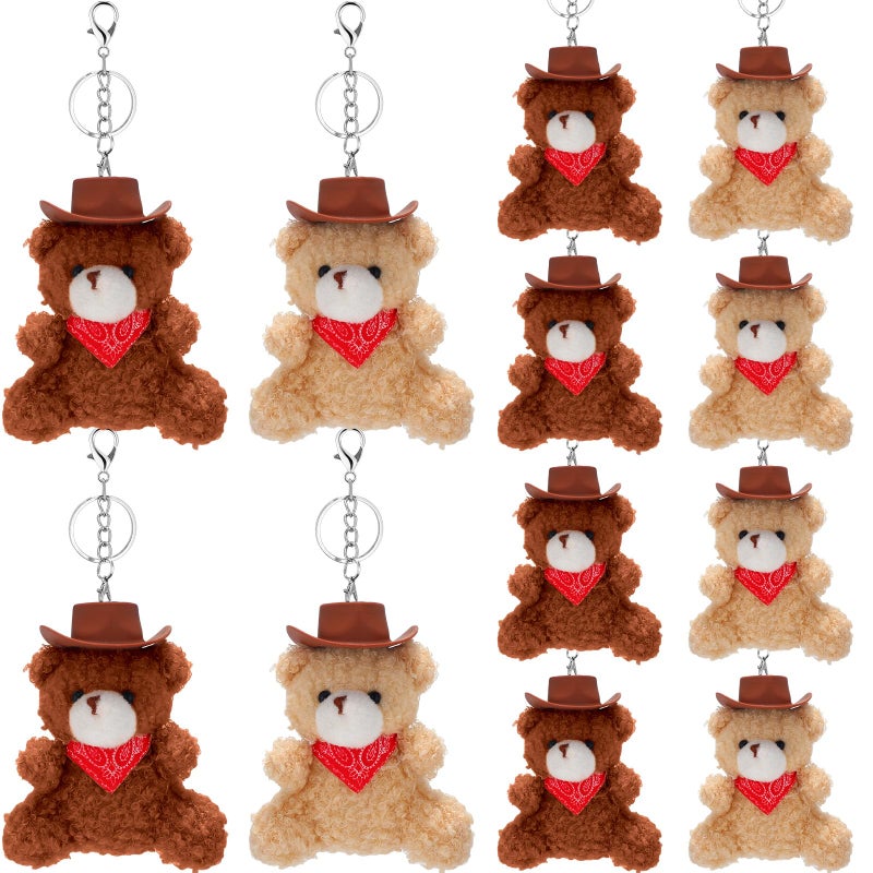 Nosiny 12 Pcs Plush Cowboy Bear Keychain Western Cowboy Party Favors Keychain with Hats and Mini Bandana for Birthday Party - Image 3