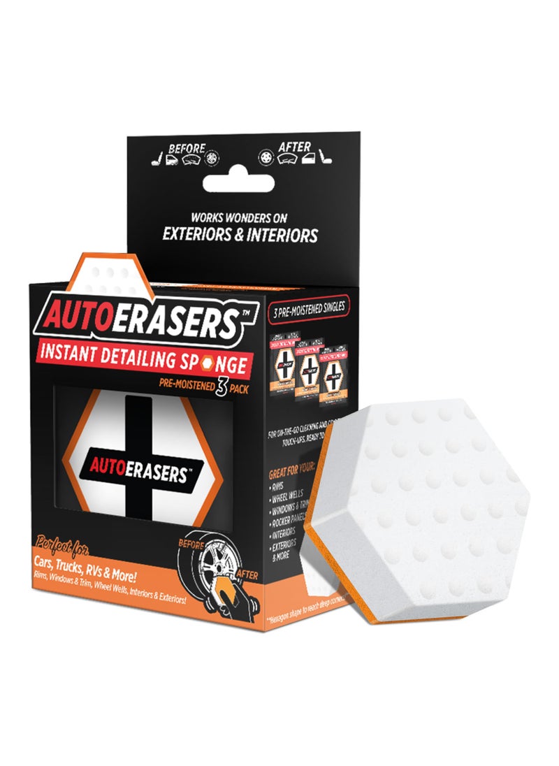 AutoERASERS AutoERASERS Instant Detailing Car Bikes Wash Sponge NonScratch Car Cleaning Sponge DualSided Auto Cleaning Sponges PreMoistened and Portable for OnTheGo Use Pack of 3 