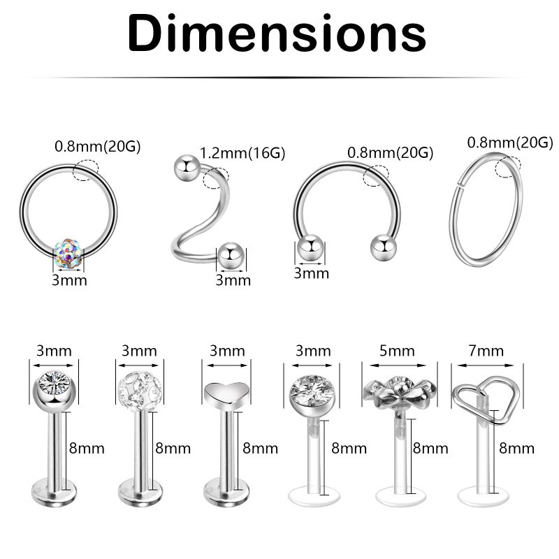 ONESING أونيسينغ 25 قطعة مجوهرات ثقب الأذن 16غ 20غ مجوهرات ثقب الأذن الفضية مضادة للحساسية مجوهرات ثقب الهليكس الأمامي أقراط الغضروف من الفولاذ المقاوم للصدأ الجراحي للنساء حلقات الأذن - Image 3