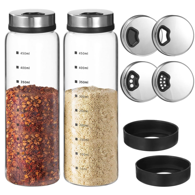 Homaisson 2 Pcs Large Salt and Pepper Shakers, 500ml Glass Spice Bottles with Adjustable Pour Holes, Spice Dispensers with Non-Slip Silicone Bases, Seasoning Jars with Rotating Steel Lids for - Image 1