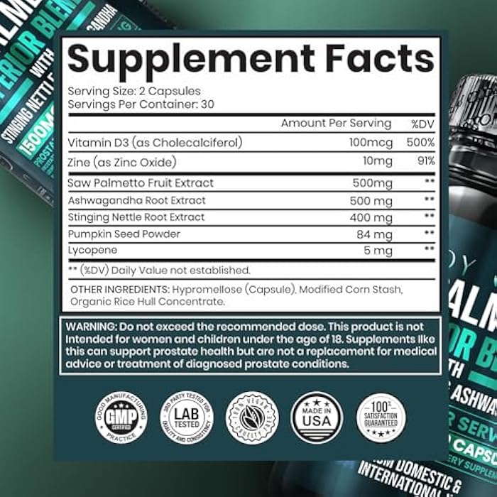 Saw Palmetto for Men - Prostate Health & Urinary Support - Stinging Nettle, Ashwagandha, Lycopene - Support Healthy Bladder Flow & Prostate Function - 60 Capsules - Image 2