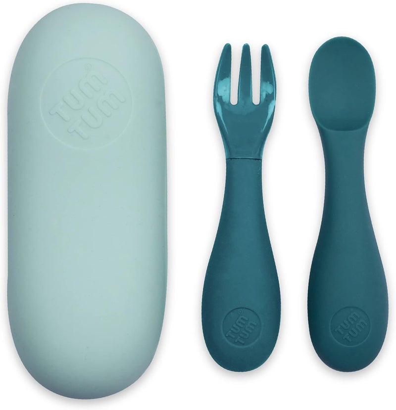 TUM TUM Baby Cutlery with Case Baby Spoon  Fork Set Baby Cutlery for Babies First self Feeding Cutlery Silicone Baby Spoon  Fork 6 Months Plus Blue - Image 1