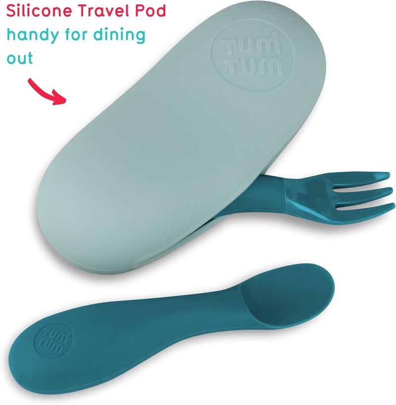 TUM TUM Baby Cutlery with Case Baby Spoon  Fork Set Baby Cutlery for Babies First self Feeding Cutlery Silicone Baby Spoon  Fork 6 Months Plus Blue - Image 4