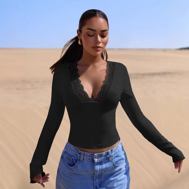 Women's V-Neck Lace Trim Long Sleeve Slim Fit T-Shirt - Image 1