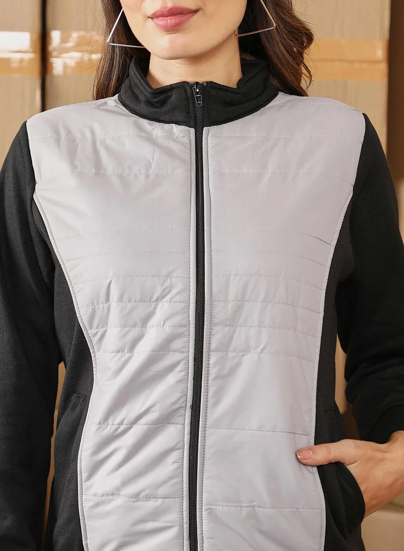 Pinacolada  Women's Cloud Grey & Onyx Black Zip-Front Block Jacket for Women | Best Price UAE
