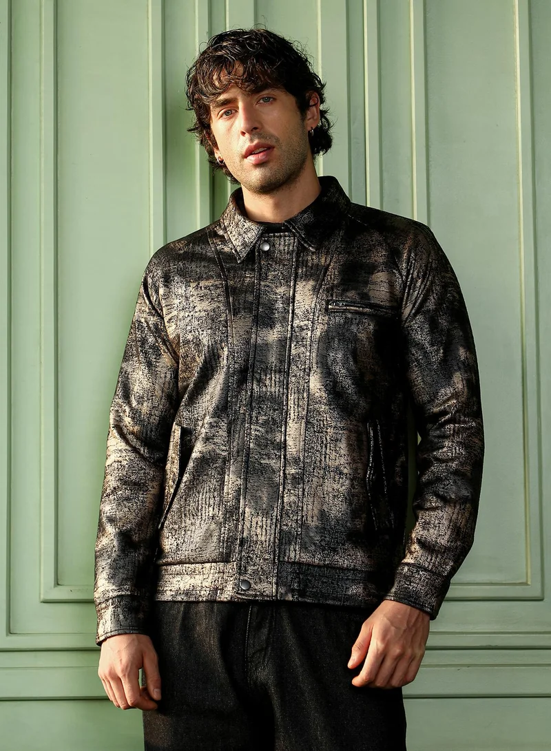 Campus Sutra Men Reptilia-Jacquard Bomber Jacket | Point Collar, Long Button-Cuff Sleeves | Zipper , Band-Straight Hem | Abstract Print Jacquard Woven Fabric For Casual & Daily Wear | Obsidian Black