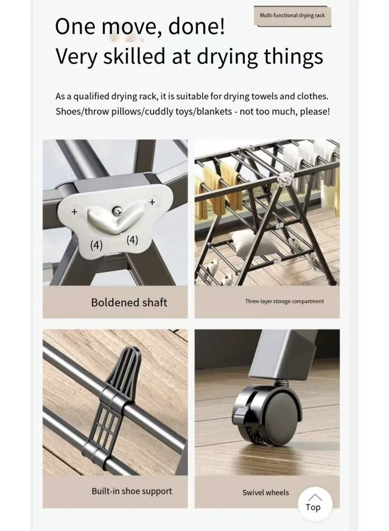 رف تجفيف ملابس قابل للطي بعجلات ومكابح، متين ومقاوم للصدأ، سعة كبيرة للملابس والمناشف، مناسب للاستخدام الداخلي والخارجي - Image 2