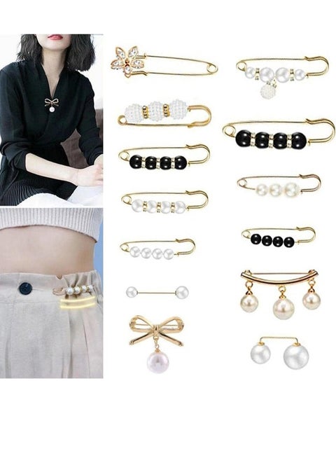 13 Pcs Pearl Brooch Pins,Fashion Sweater Shawl Clips Muslim Scarf Hijab Pins,Faux Pearl Collar Waist Pants Safety Pin for Women Girls,Neckline Pins Clothing Dresses Decoration Accessories
