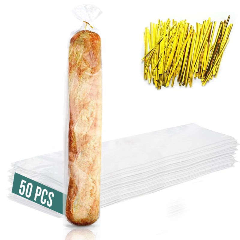 FUNSTITUTION Plastic Bread Bags for Homemade Bread (6x28 inch)- Clear Baguette Bag with Ties For An Airtight Moisture-free Preservation and Storage - Image 1