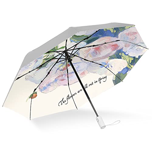 Cuby UV Sun Umbrella Compact Folding Travel Umbrella Auto Open and Close for Windproof, Rainproof & 99.9% UV Protection Parasol with Silver Anti-UV Coating (Silver Rose) - Image 1