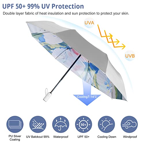 Cuby UV Sun Umbrella Compact Folding Travel Umbrella Auto Open and Close for Windproof, Rainproof & 99.9% UV Protection Parasol with Silver Anti-UV Coating (Silver Rose) - Image 3