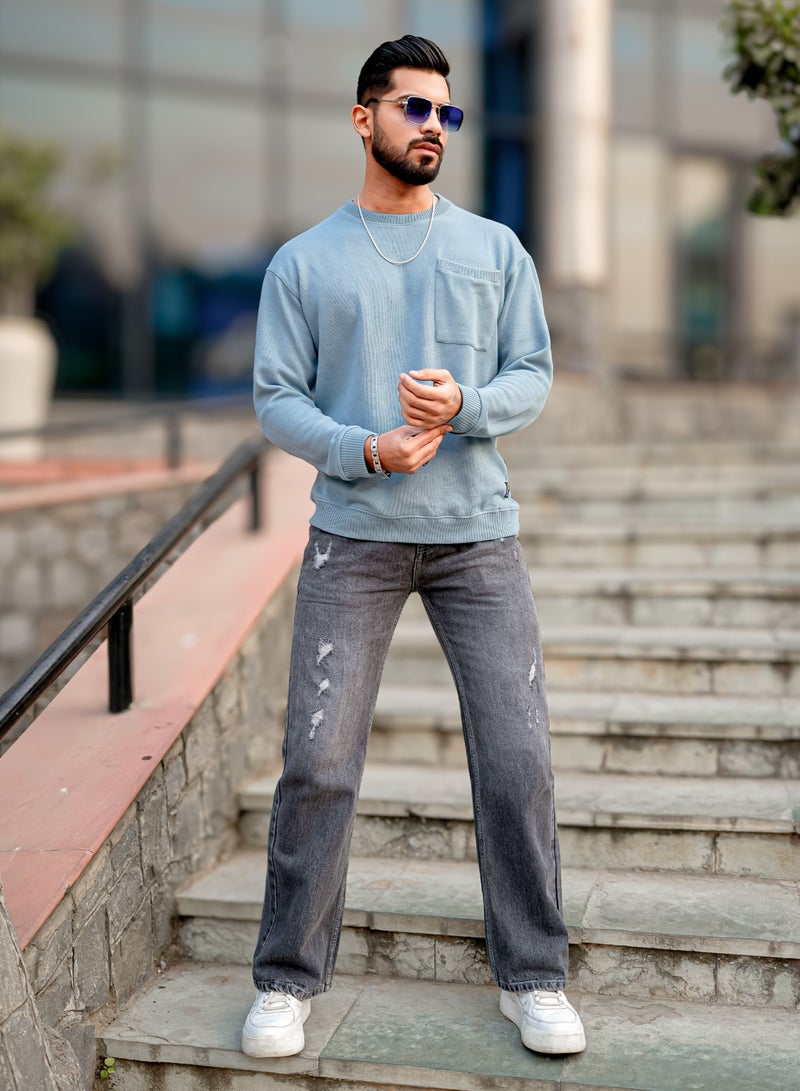 Maniac Mens Solid Round Neck Full Sleeve Light Blue Coarse knit Sweatshirt - Image 5