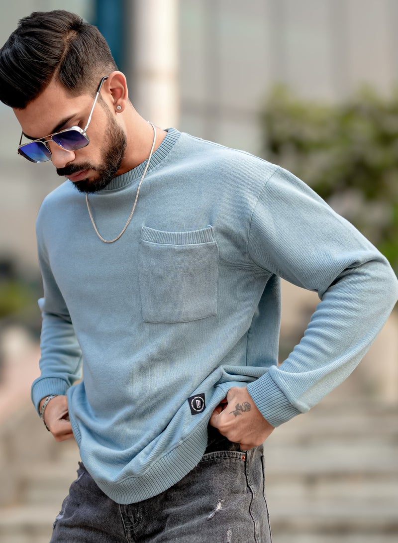Maniac Mens Solid Round Neck Full Sleeve Light Blue Coarse knit Sweatshirt - Image 2