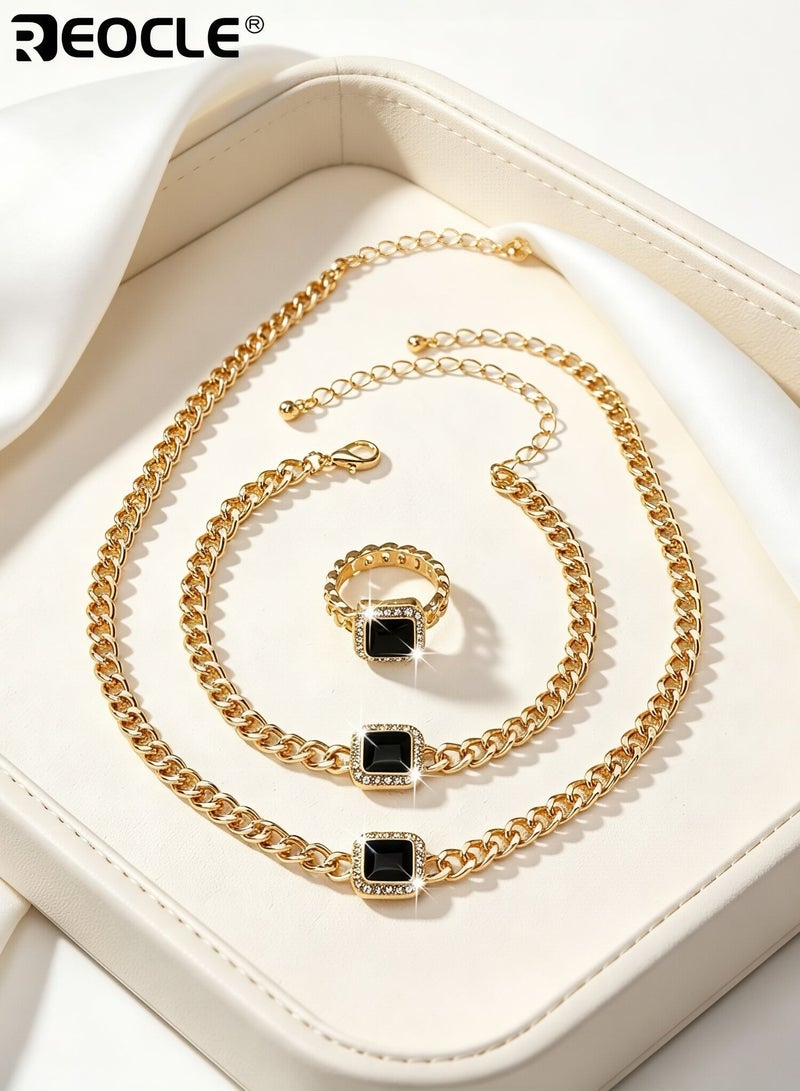 REOCLE 3PCS Women's Chain Jewelry Set Three-Piece Collection of Choker Necklace Bracelet & Ring with Square Accent Details for Bold Styling & Formal Occasions - Image 4